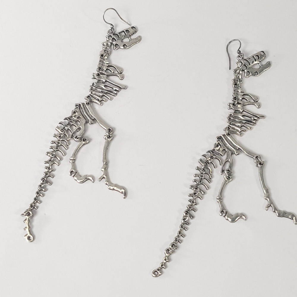 T-Rex Dinosaur Skeleton Earrings Women Silver Articulated Fossil Statement